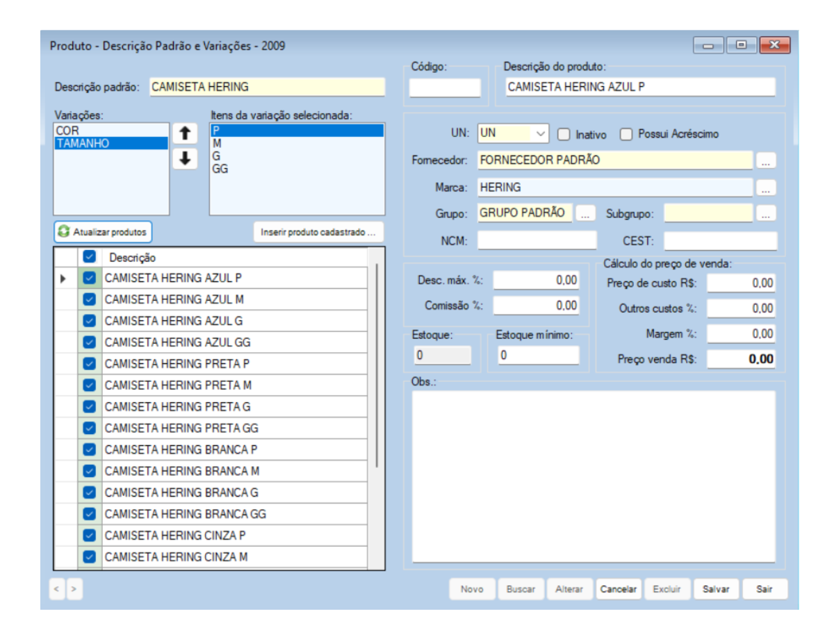 Tela de Cadastro de Variações de Produtos