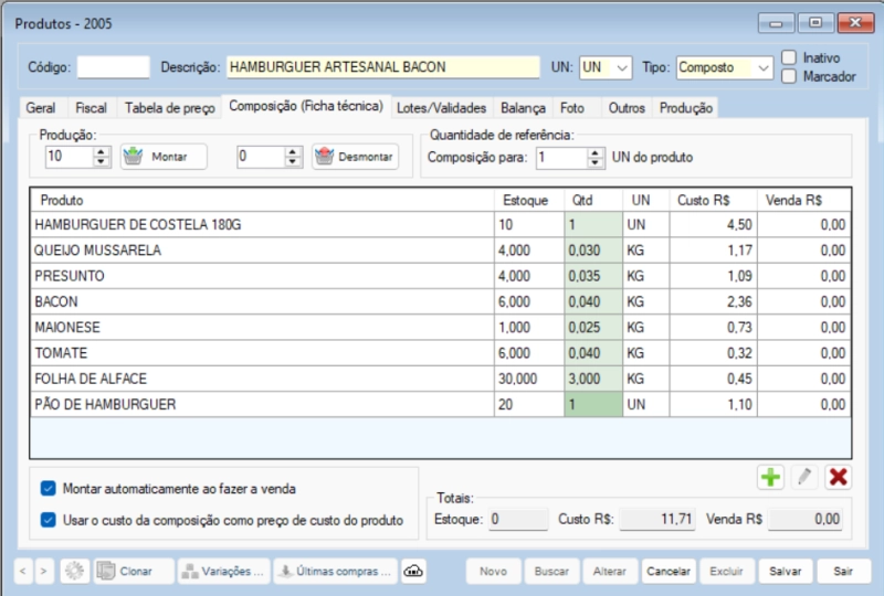 Tela de Ficha Técnica e Estoque
