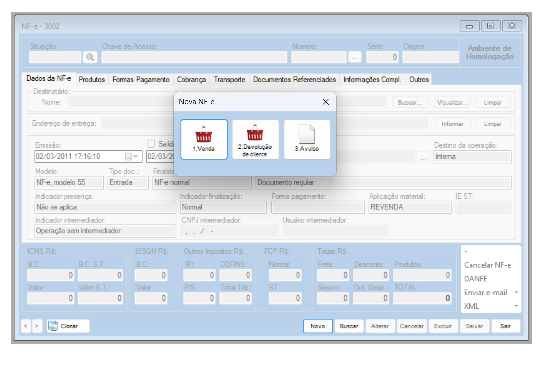 Tela de Emissão de Documentos Fiscais